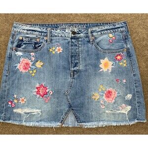 American Eagle Skirt Womens 14 Mini Festival Distressed Embroidered Floral Denim